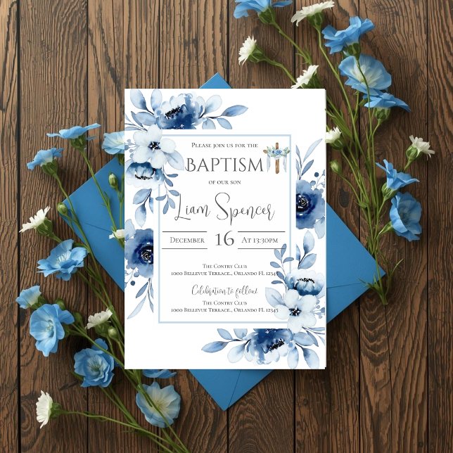 Blue Floral Boy Baptism Invitation (Creator Uploaded)