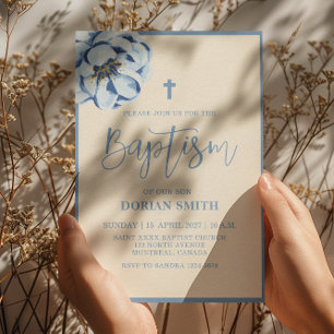 Blue Floral Boy Baptism invitation