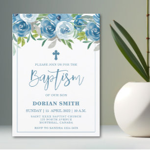 Blue Floral Boy Baptism invitation