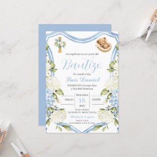 Blue floral boy baptism invitation Spanish