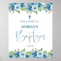 Blue Floral Boy Baptism  Poster