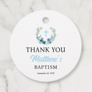 Blue Floral Boy Baptism Round Favour Tag