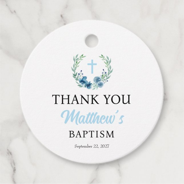 Blue Floral Boy Baptism Round Favour Tag (Front)