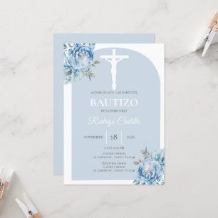 Blue floral boy baptism Spanish Invitation