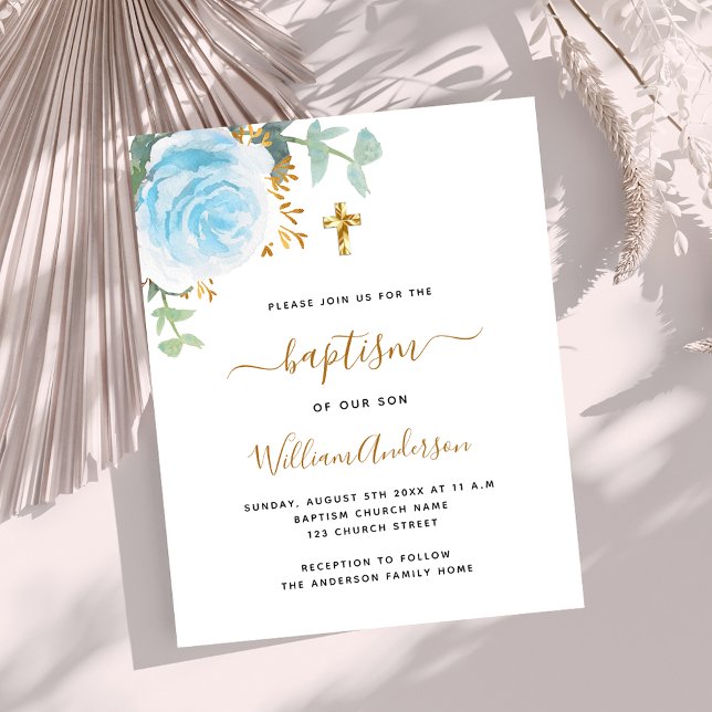 Blue floral boy cross budget baptism invitation (Creator Uploaded)