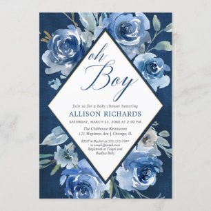 Blue floral boy Oh Boy baby shower Invitation