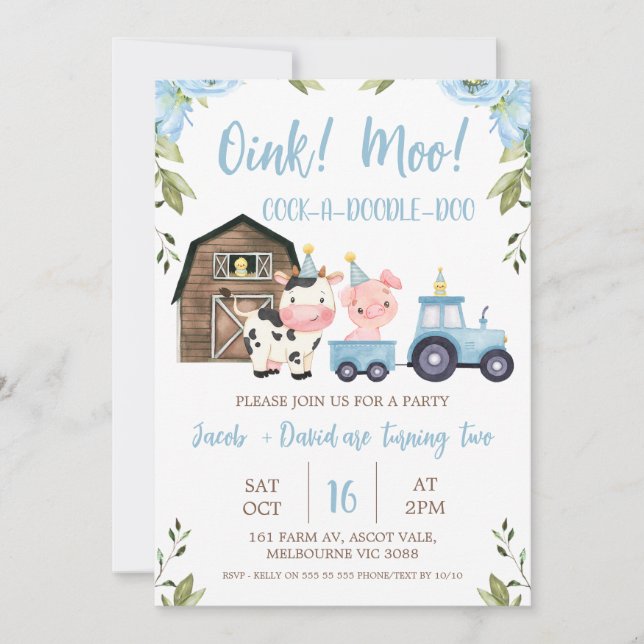Blue Floral Boy Twins Barn Tractor Farm Birthday Invitation (Front)