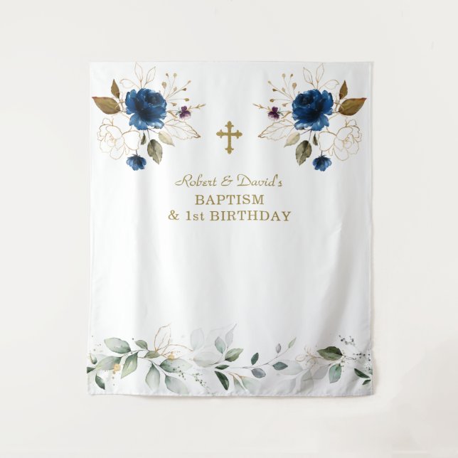 Blue Floral Boys Twins 1st Birthday Baptism  Tapestry (Front)