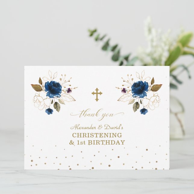 Blue Floral Boys Twins 1st Birthday Christening  Thank You Card (Standing Front)