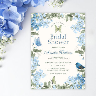 Blue floral branch butterflies bird bridal shower invitation
