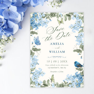 Blue floral branch butterflies bird save the date