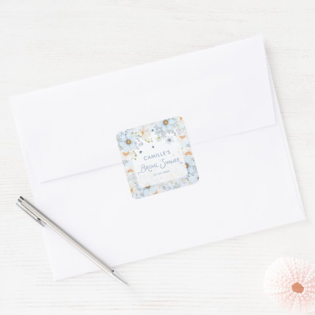 Blue Floral Bridal Bridal Shower Square Sticker (Envelope)