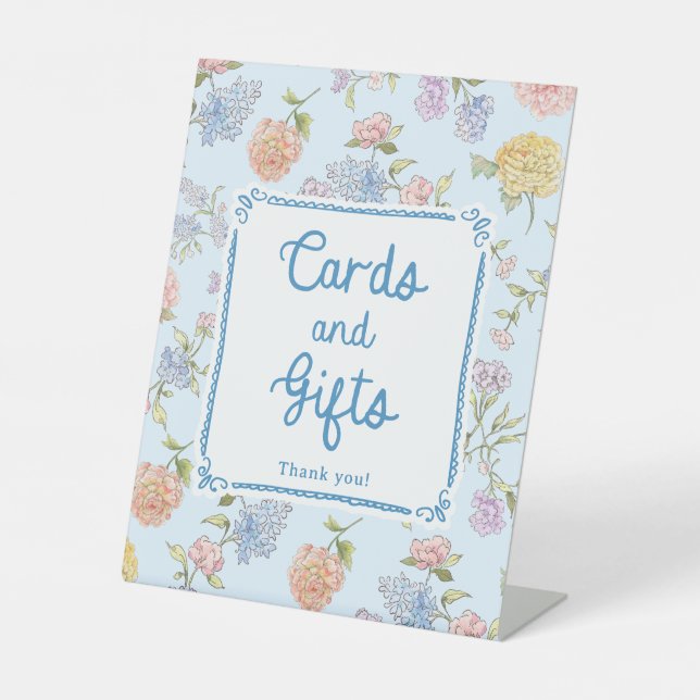 Blue Floral Bridal Shower Cards and Gifts Pedestal Sign (Front)