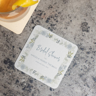 Blue Floral Bridal Shower Custom Script Square Paper Coaster