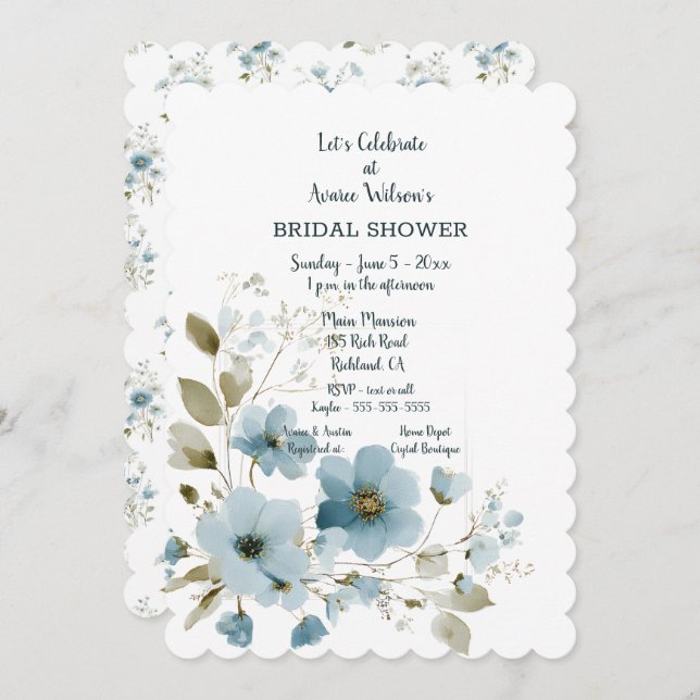 Blue Floral Bridal Shower Invitation (Front/Back)