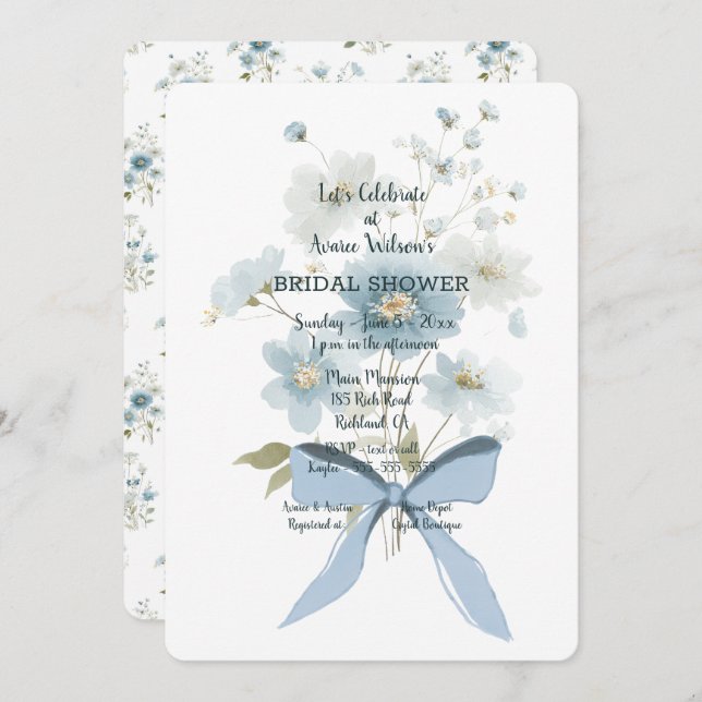 Blue Floral Bridal Shower Invitation (Front/Back)