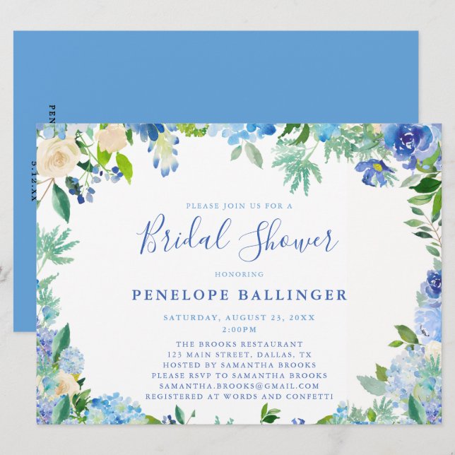 Blue Floral Bridal Shower Invitations (Front/Back)