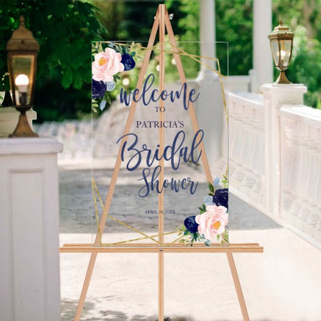Blue Floral Bridal Shower Welcome Acrylic Sign (Creator Uploaded)