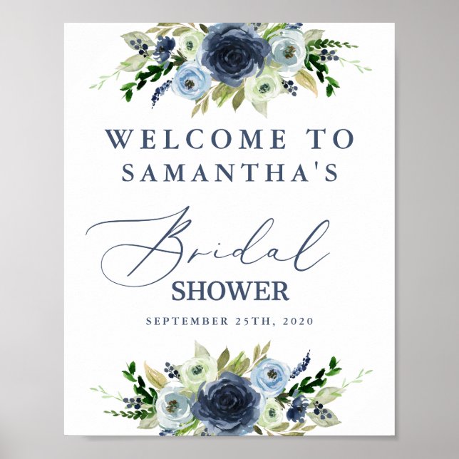 Blue floral bridal shower welcome sign (Front)