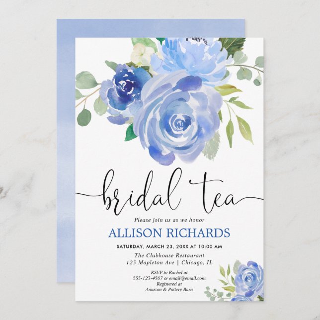Blue floral bridal tea party invitations (Front/Back)