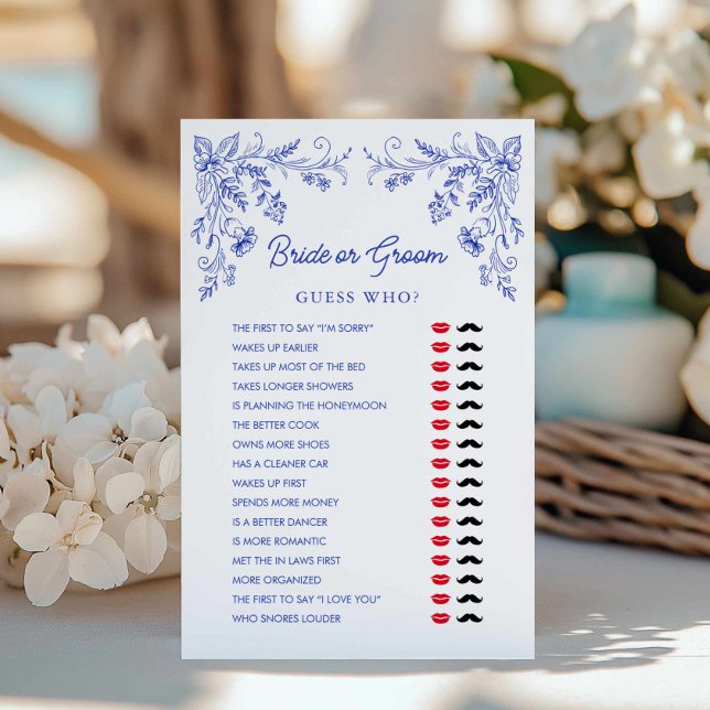 Blue Floral Bride or Groom Bridal Shower Game (Blue Floral Bride or Groom Game Card)