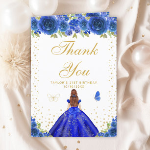 Blue Floral Brown Hair Girl Birthday Party Thank You Card