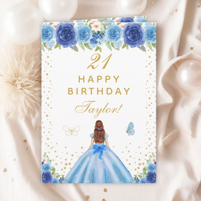 Blue Floral Brown Hair Girl Happy Birthday Card (Creator Uploaded)