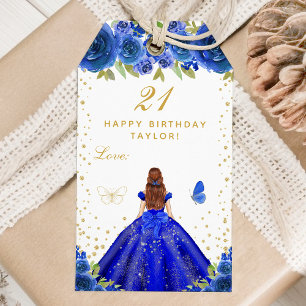 Blue Floral Brown Hair Girl Happy Birthday Gift Tags