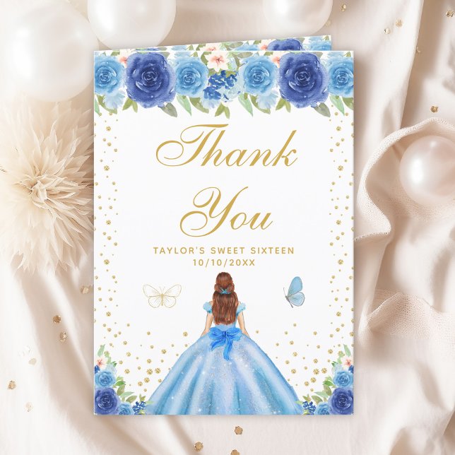 Blue Floral Brown Hair Girl Sweet Sixteen Thank You Card (Creator Uploaded)
