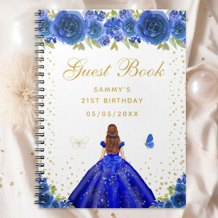Blue Floral Brown Hair Princess Guest Book