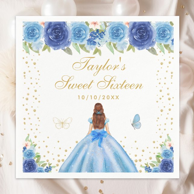 Blue Floral Brown Hair Princess Sweet Sixteen Napkin (Creator Uploaded)