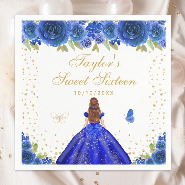 Blue Floral Brown Hair Princess Sweet Sixteen Napkin (Creator Uploaded)