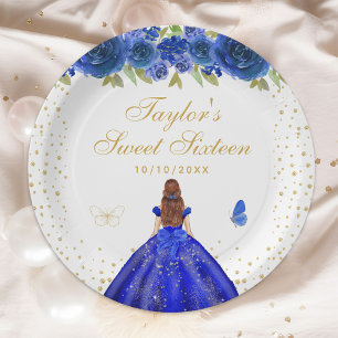 Blue Floral Brown Hair Princess Sweet Sixteen Paper Plate