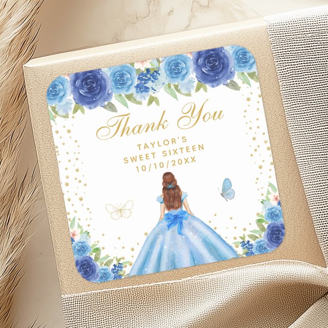 Blue Floral Brown Hair Princess Sweet Sixteen Square Sticker (Creator Uploaded)