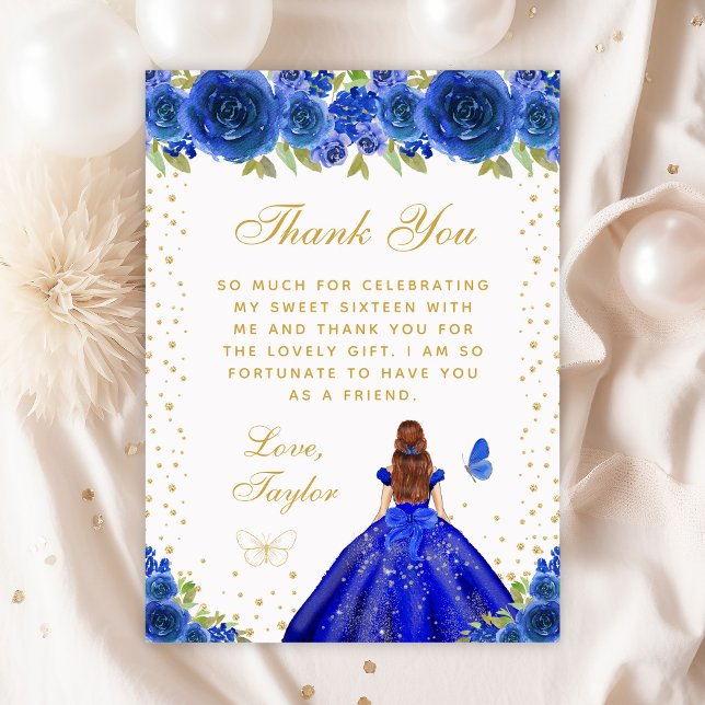 Blue Floral Brown Hair Princess Sweet Sixteen Thank You Card (Creator Uploaded)