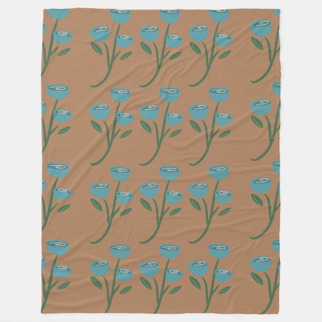 Blue floral brown pattern fleece blanket (Front)