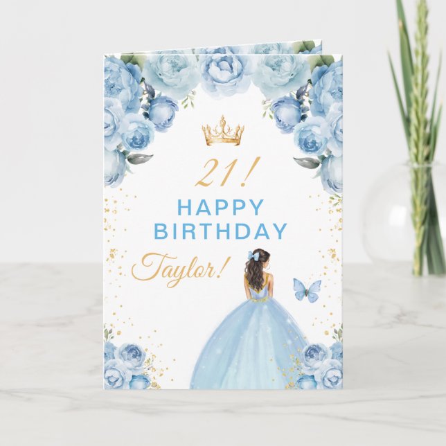 Blue Floral Brunette Hair Girl Happy Birthday Card (Front)