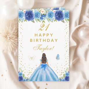 Blue Floral Brunette Hair Girl Happy Birthday Card