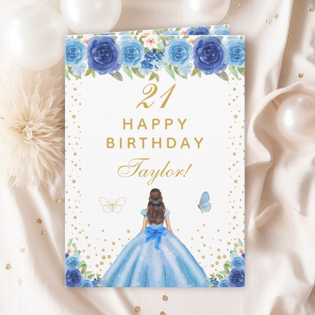Blue Floral Brunette Hair Girl Happy Birthday Card (Creator Uploaded)