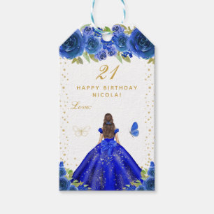 Blue Floral Brunette Hair Girl Happy Birthday Gift Tags