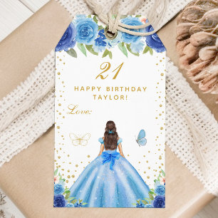 Blue Floral Brunette Hair Girl Happy Birthday Gift Tags