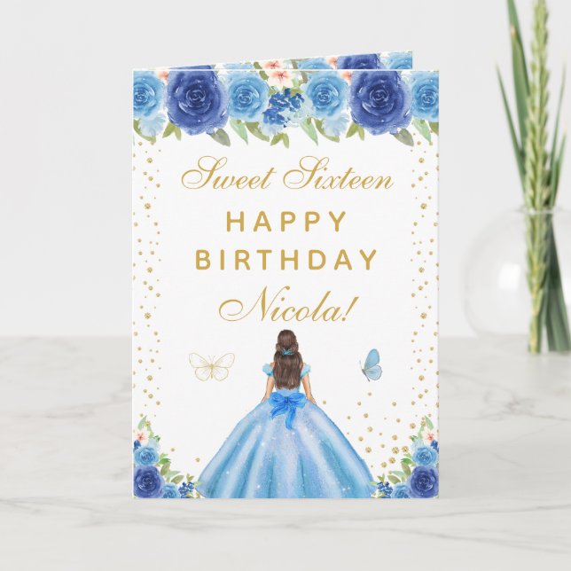Blue Floral Brunette Hair Girl Sweet Sixteen Card (Front)