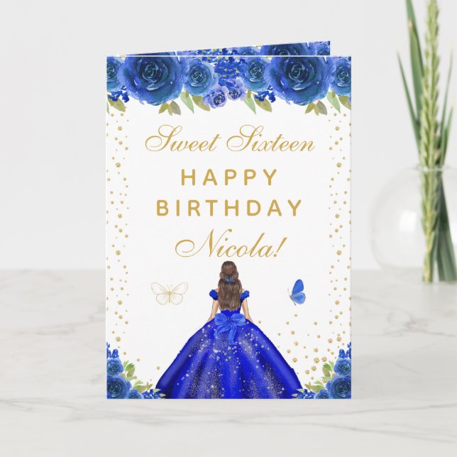 Blue Floral Brunette Hair Girl Sweet Sixteen Card (Front)