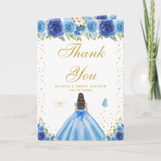 Blue Floral Brunette Hair Girl Sweet Sixteen Thank You Card (Front)