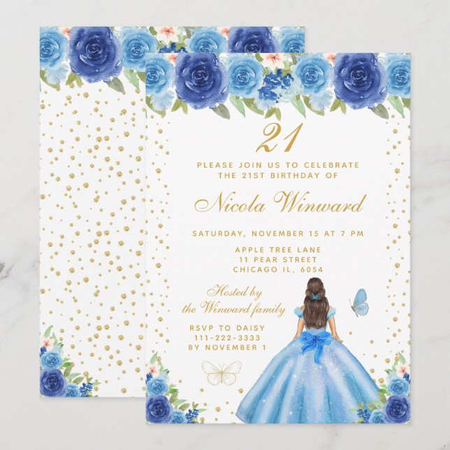 Blue Floral Brunette Hair Princess Birthday Party Invitation (Front/Back)