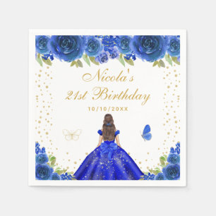 Blue Floral Brunette Hair Princess Birthday Party Napkin