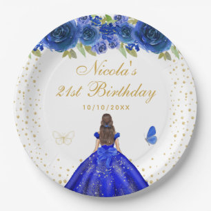 Blue Floral Brunette Hair Princess Birthday Party Paper Plate