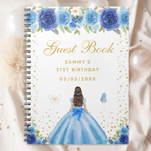 Blue Floral Brunette Hair Princess Guest Book