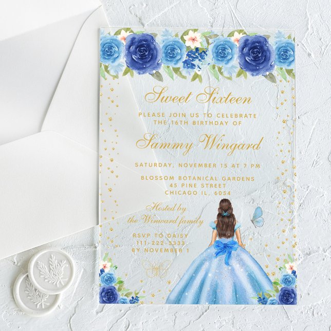 Blue Floral Brunette Hair Princess Sweet Sixteen Acrylic Invitations (Creator Uploaded)