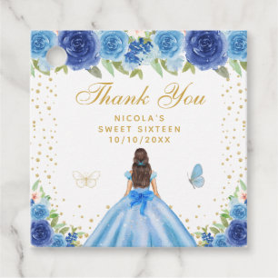 Blue Floral Brunette Hair Princess Sweet Sixteen Favour Tags